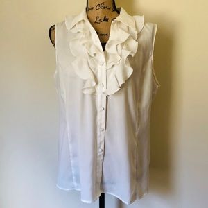 Tahari Ivory Collared Button-up Ruffle Top